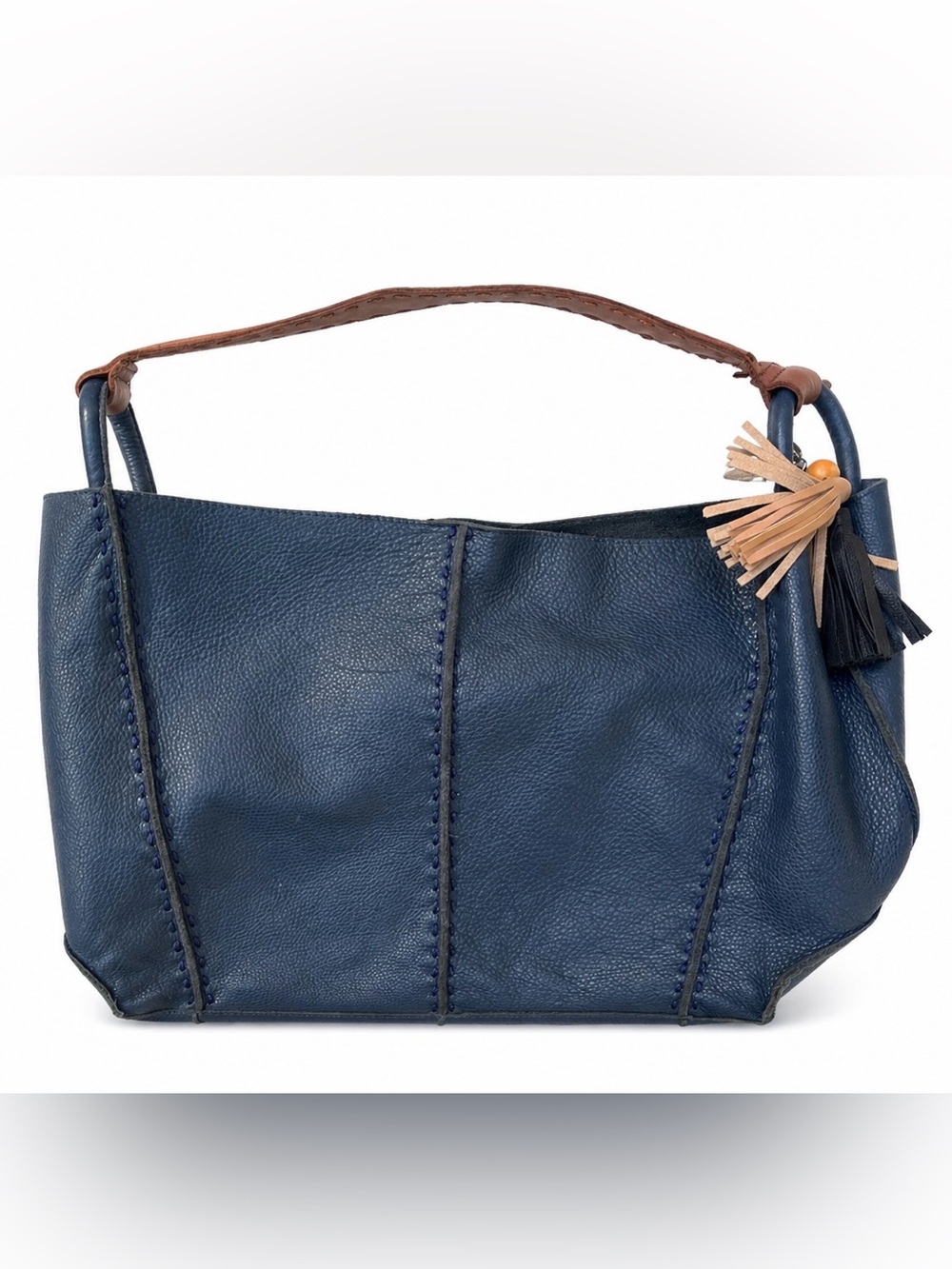 The Sak Navy Leather Shoulder Bag with Tan Handles and Tassel